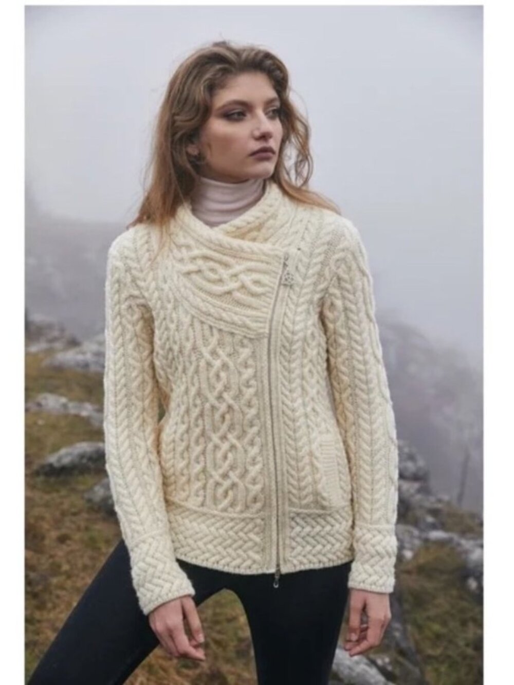 SAOL 100% Merino Wool Womens S Aran Cable Knit Side Zip Cardigan Sweater cream